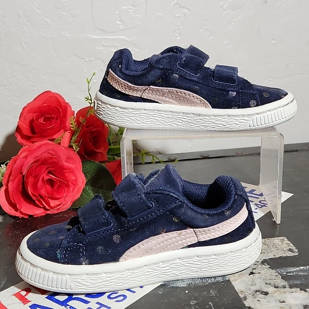 PUMA Kinder Fit Blue Pink Suede Polka Dot Strap Sneaker 5